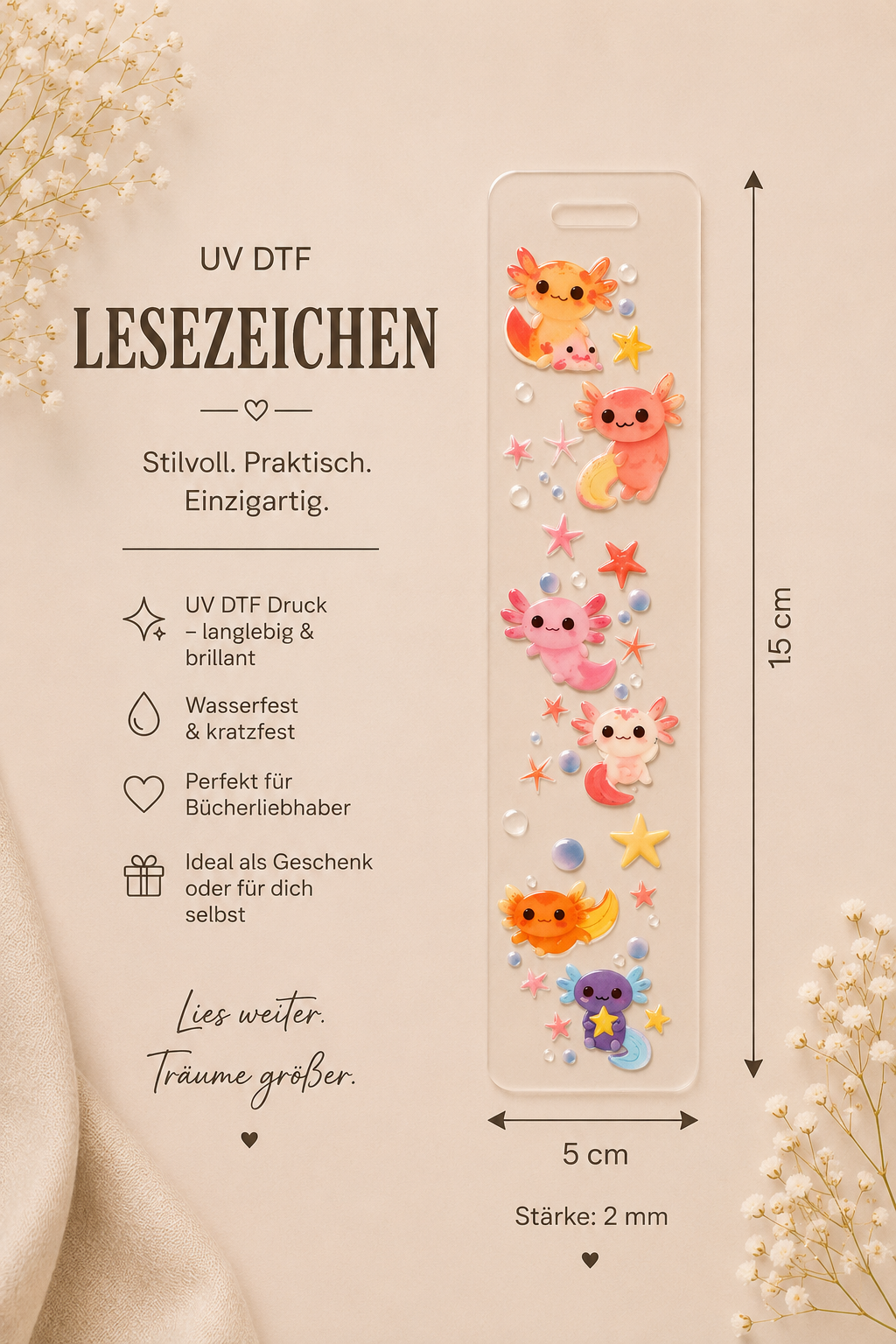 🩷 UV DTF Lesezeichen – Axolotl Friends