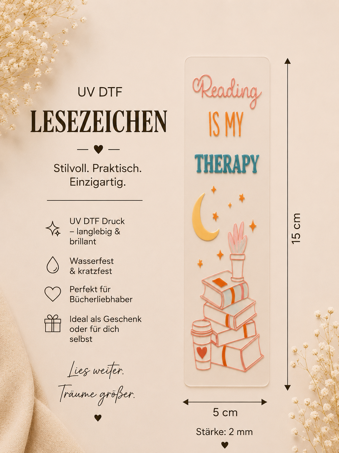 📖 UV DTF Lesezeichen – Reading Is My Therapy