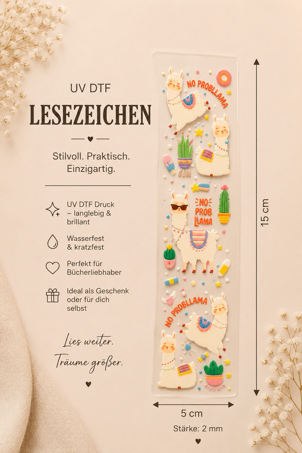 🦙 UV DTF Lesezeichen – No Probllama