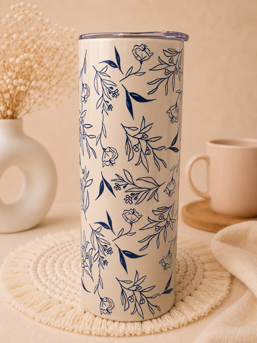 🌿 Thermobecher 20 oz – Elegantes blaues Blumenmuster