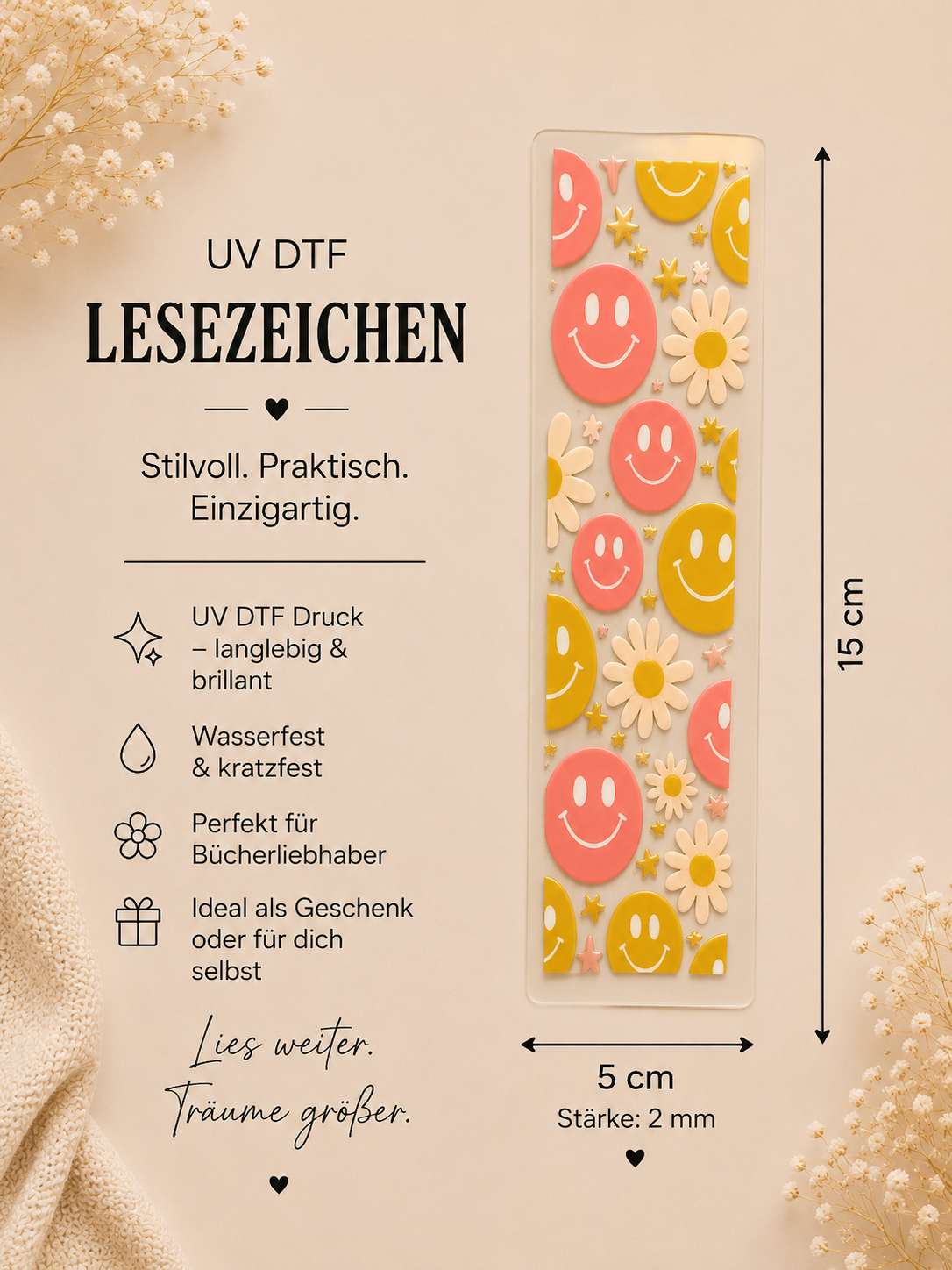 🌼😊 UV DTF Lesezeichen – Smiley & Blumen 📚