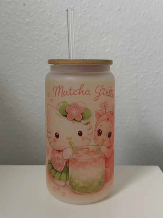Hello Kitty Matcha Glas mit Bambusdeckel & Glasstrohhalm – 16oz (ca. 473 ml) 🌸🍵