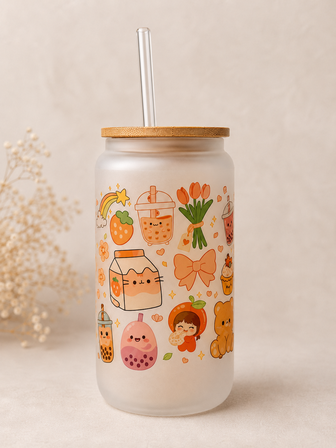 Kawaii Glasdose mit Bambusdeckel & Glasstrohhalm – 16oz (ca. 473 ml) 🧋🍓✨