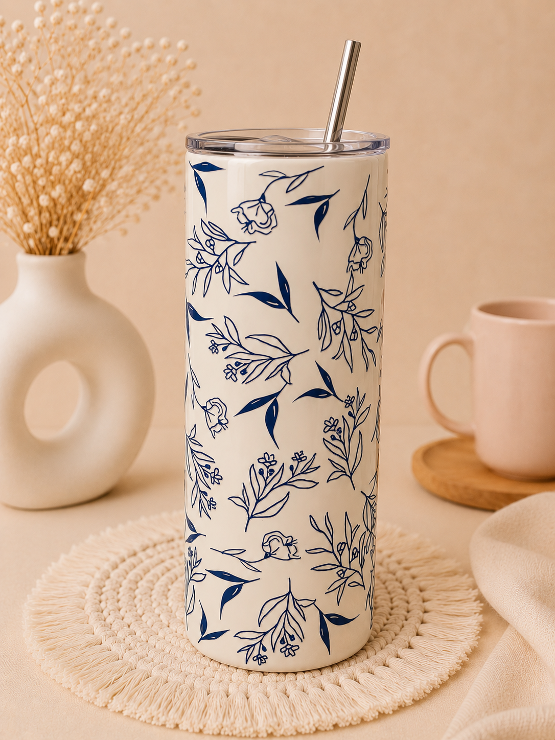 🌿 Thermobecher 20 oz – Elegantes blaues Blumenmuster