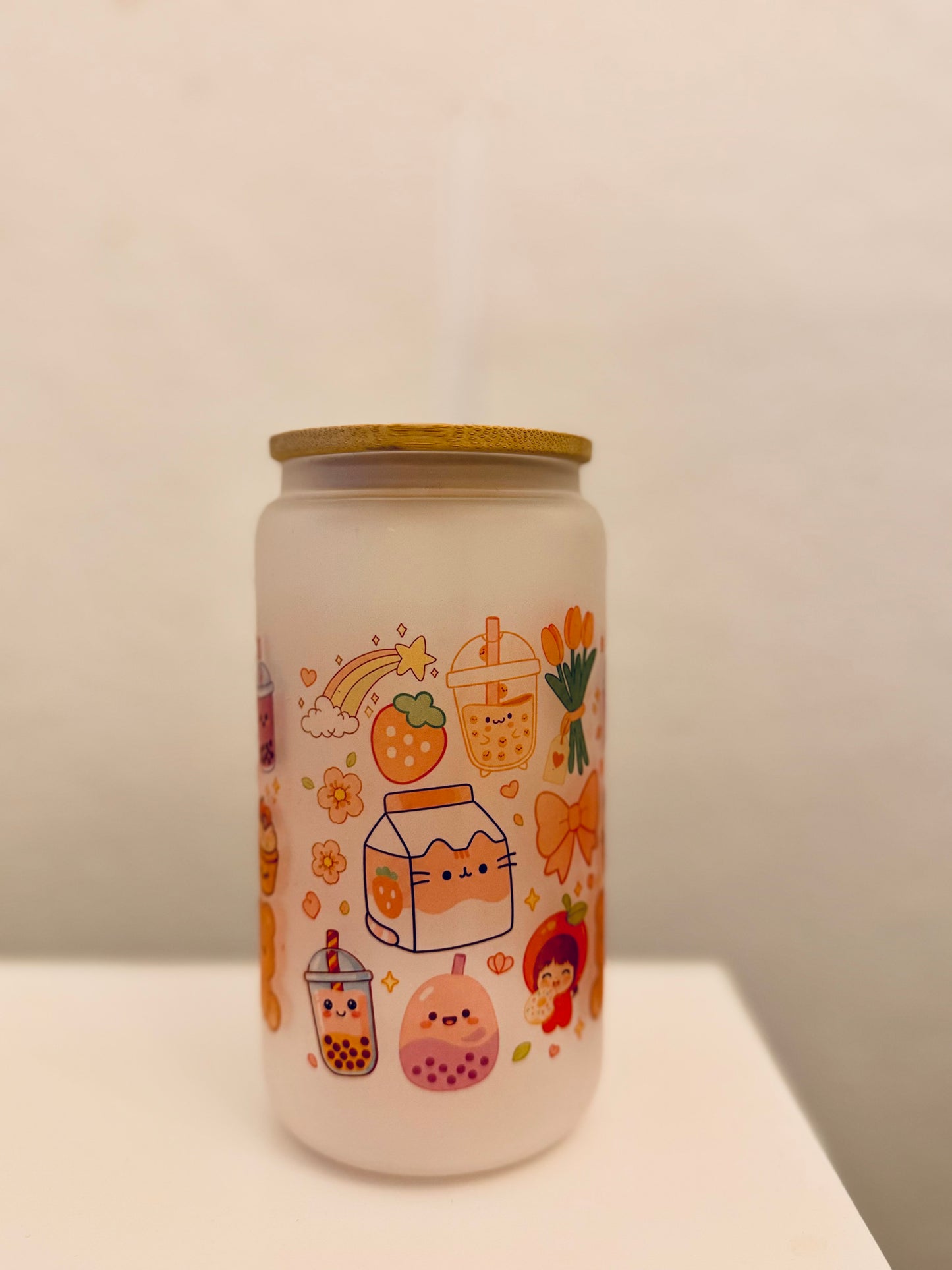 Kawaii Glasdose mit Bambusdeckel 🧋🍓✨