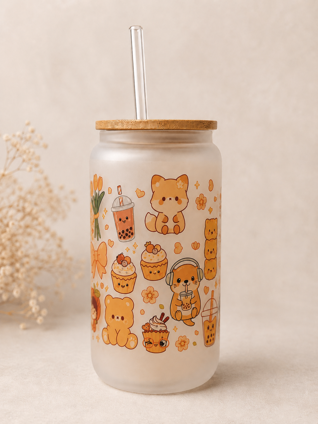 Kawaii Glasdose mit Bambusdeckel & Glasstrohhalm – 16oz (ca. 473 ml) 🧋🍓✨
