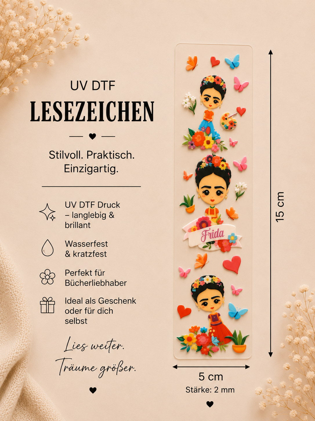 🌸 🌺UV DTF Lesezeichen –,, Frida“