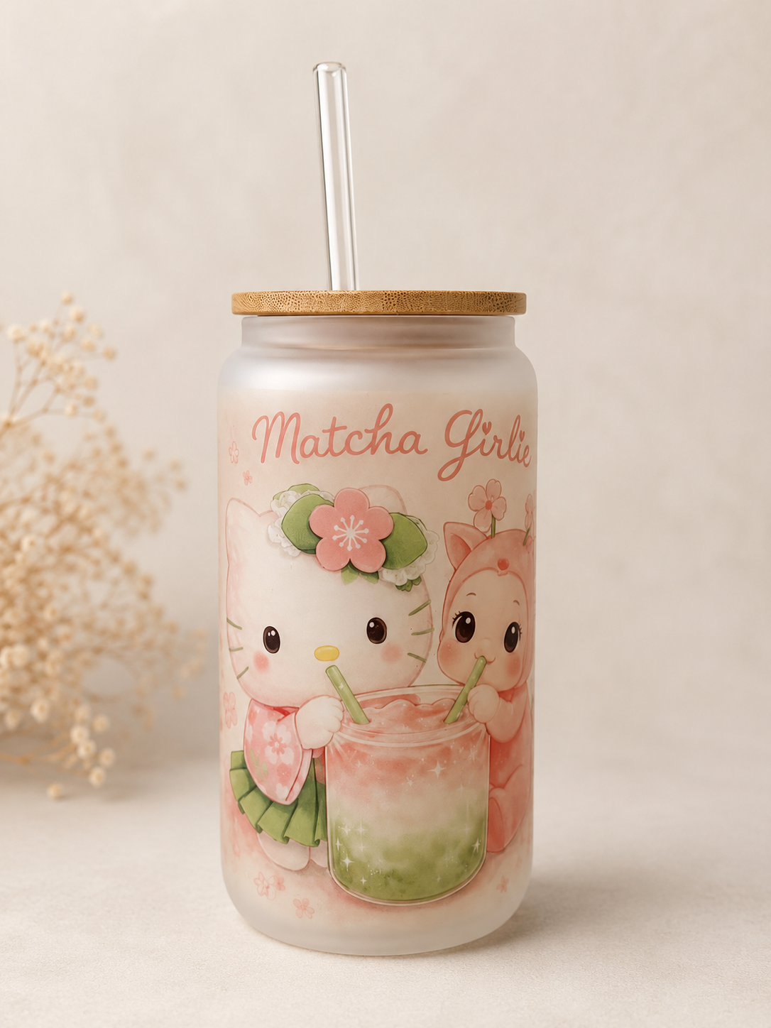Hello Kitty Matcha Glas mit Bambusdeckel & Glasstrohhalm – 16oz (ca. 473 ml) 🌸🍵