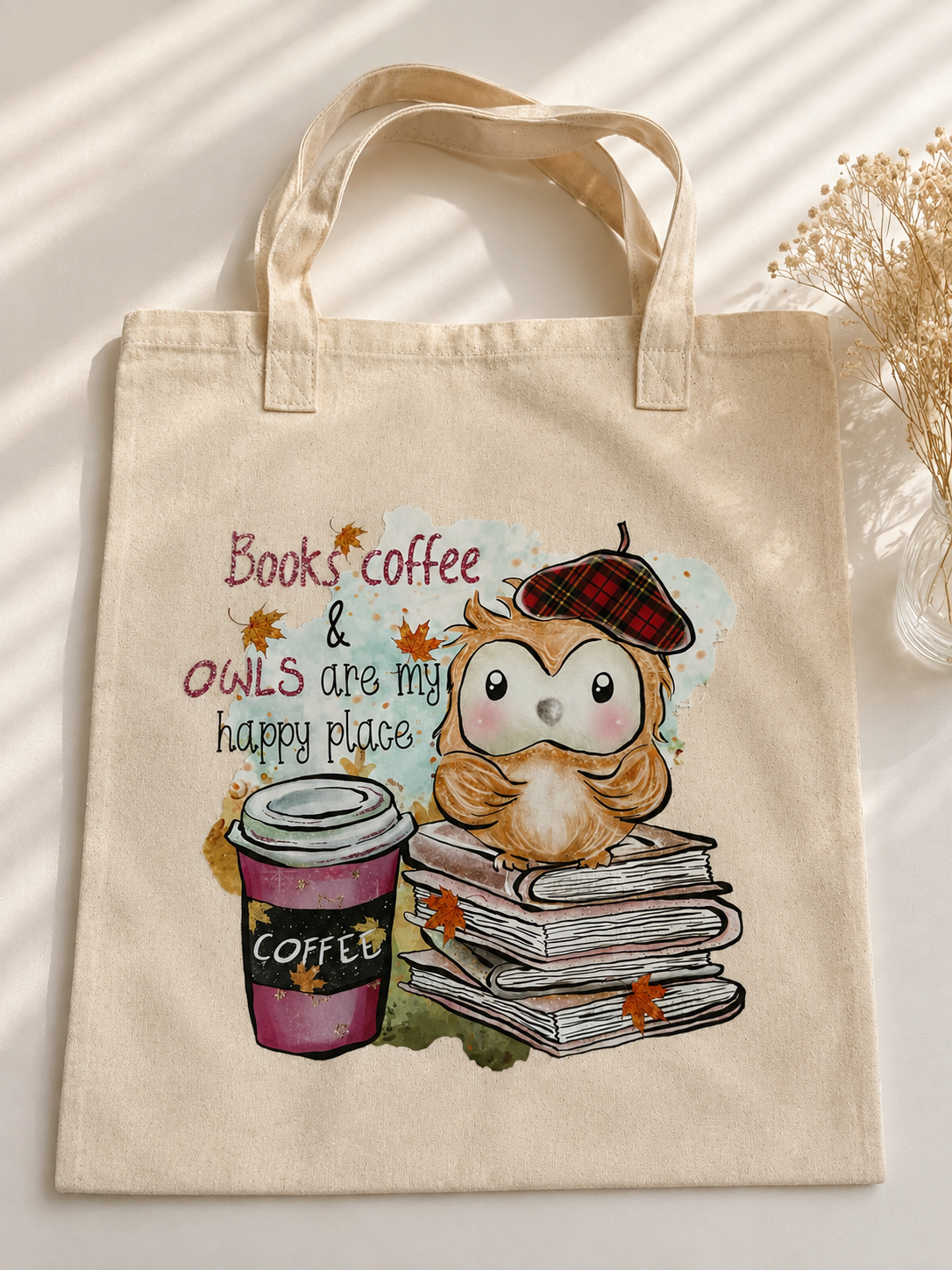 Stofftasche- Books Coffee and Owls